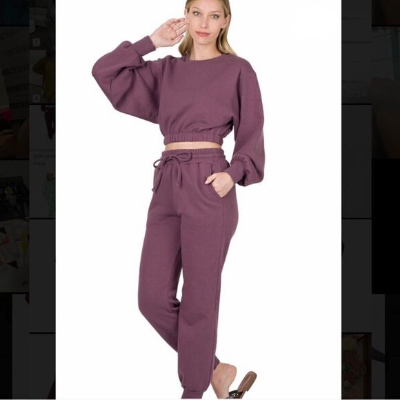43. Zenana Purple Cropped Sweatshirt And Highwaist Joggers with drawstring NWT - Picture 1 of 4